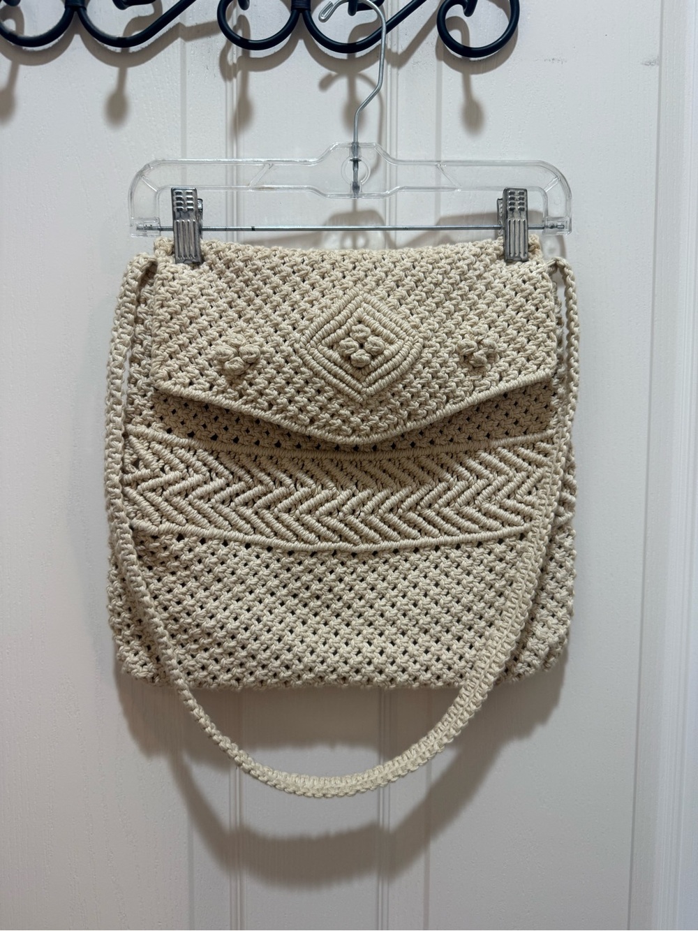 Cream Handwoven Crochet Shoulder Bag with Textured Flap